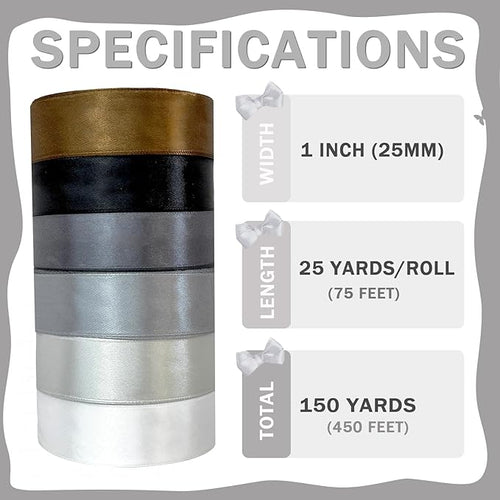 150 Yards Black Satin Ribbon 1 Inch 6 Rolls Assortment Ribbons for Crafts Gift Wrapping Flower Bouquet Wedding Invitations Birthday Party Festival Decoration Hair Bows