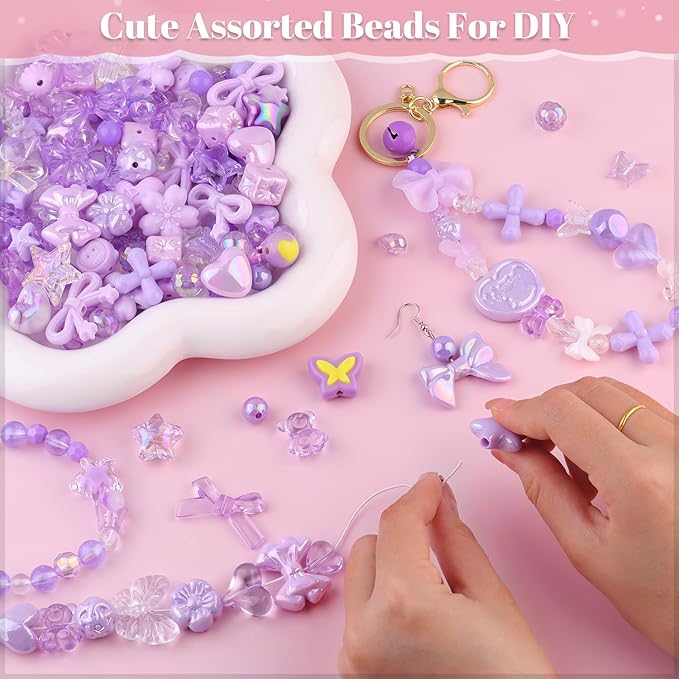 Assorted Acrylic Beads, 200-260PCS Purple Cute Beads for Bracelet Making, GummyBear Bow Flower Candy Kawaii Charms for Jewelry Making DIY Necklace Keychain Phone Charm Christmas Gift