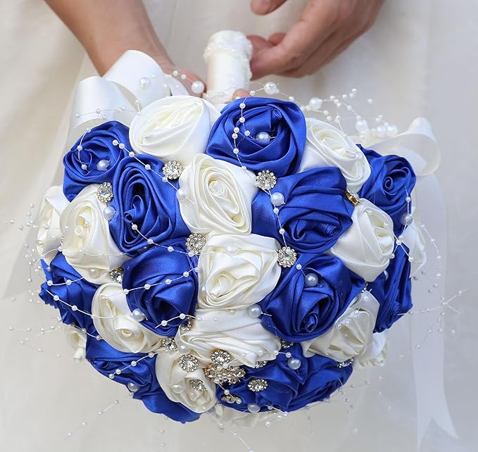 Bridal Wedding Bouquet Round Bling Brooch Bouquet Throw Toss Artificial Rose Flower Bunch for Bride Bridesmaid Wedding Quinceanera(Royal Blue & Ivory, 6.3")