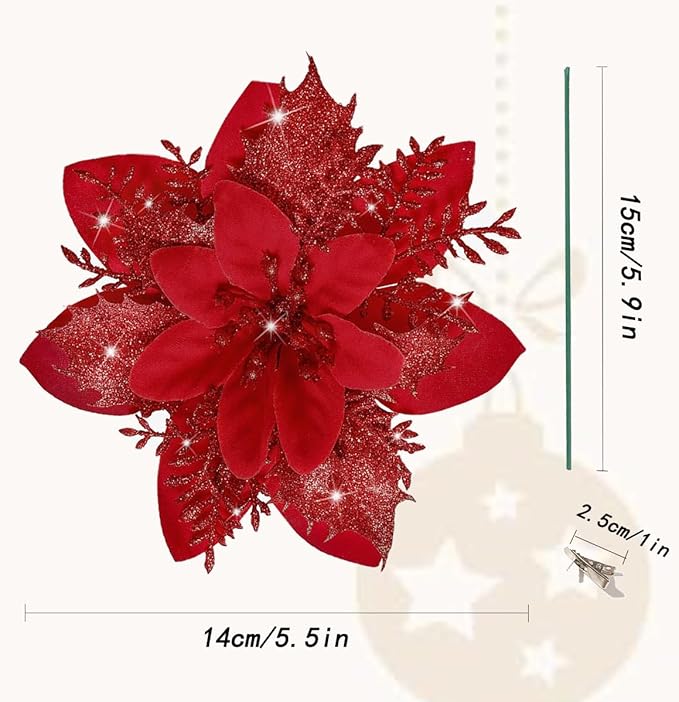 12 PCS Poinsettia Flower Artificial Red Christmas Flowers Artificial 5.5'' Glitter Poinsettias Artificial Christmas Tree Flower with Clips DIY Xmas Wreath Holiday New Year Home Party Decor