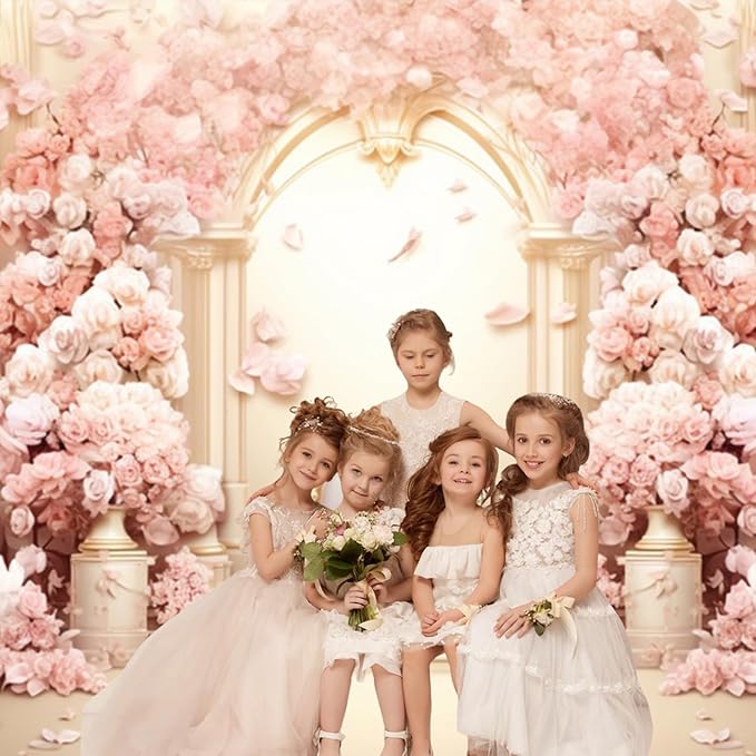 AOFOTO 12x10ft Wedding Backdrop Palace Hall Wall Spring Pink Flower Arch Background for Photography Bridal Shower Prom Decoration Banner Girl Portrait Photo Booth Backdrop
