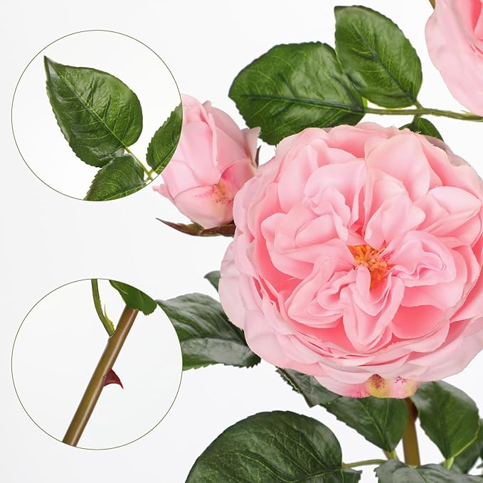 Real Touch Artificial Roses (Set of 3) – 23.6" Long Stem Pink Garden Roses – Lifelike Faux Silk Flowers for Wedding Bouquets, Home Décor, Centerpieces & Floral Arrangements
