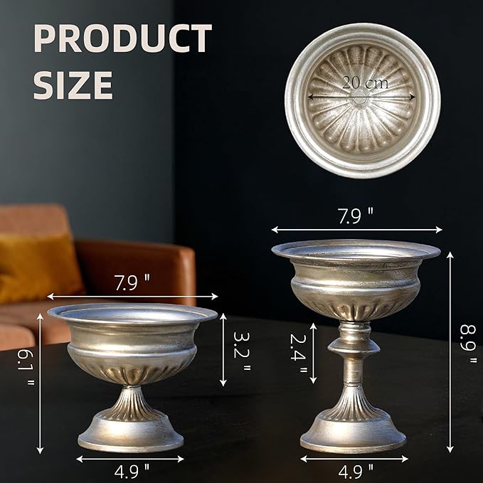 WORTH Silver Color Urn Vases for Centerpieces Set of 2 (Large:8.8" H. x 7.8" Dia. & Small:6.1" H. x 7.8" Dia.), Classic Metal Trumpet Flower Pots for Table, Bowl Vase for Wedding Party Event Home Deco