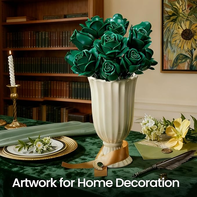 iATOM Green Rose Bouquet Building Set, Artificial Flowers Botanical Collection for Adults, Gift for Christmas and Valentines Day - Retro Home Office Table Centerpiece Decor - IA11018