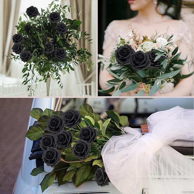 200PCS Black Artificial Flowers Roses Real Looking Foam Fake Roses with Leaves for DIY Wedding Bouquets Bridal Shower Party Decorations (Black, 200)
