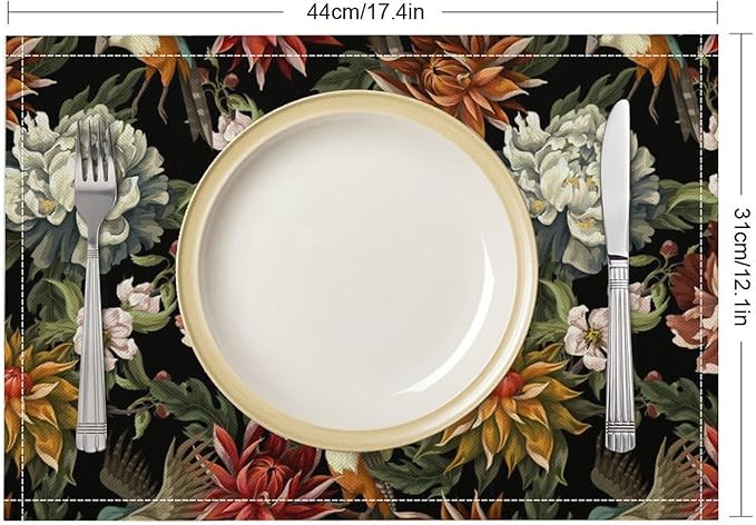 Vintage Floral Placemats Set of 8, 17x12 Inch Colorful Flowers Birds Green Leaves Black Retro Aesthetic Art Print Table Mats for Home Party Kitchen Dining Decor