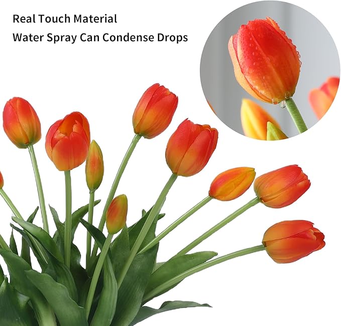 15 Pcs Orange Artificial Flowers Tulips Real Touch Latex Plastic Soft Faux Bouquets for Party, Wedding, Home, Room, Garden Decor
