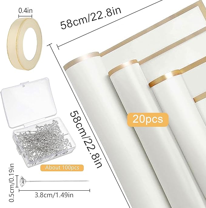 YOUlDIANZI Bouquet Wrapping Paper Kits, 20 Sheets Waterproof Flower Wrapping Paper, 100 Pearl Pins, 72.18 Ft Pink Ribbon, 1 Storage Box for Pins