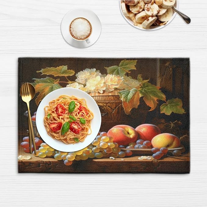 Grape Placemats, Place Mats Set of 4, Heat Resistant Place Mats, Washable Table Mats for Dining Table, Non-Slip Stain Resistant Kitchen Table Placemats, Floral Vintage Fruit Rustic
