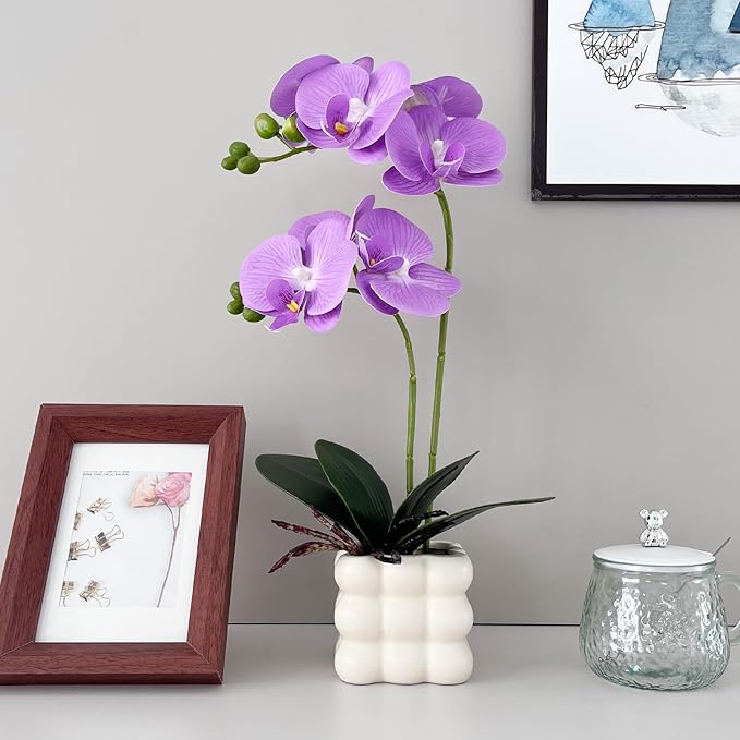 Artificial Orchid Flowers, 14 Inches Tall, Purple, Set in White Vases for Home Decor Orchid Artificial Flowers