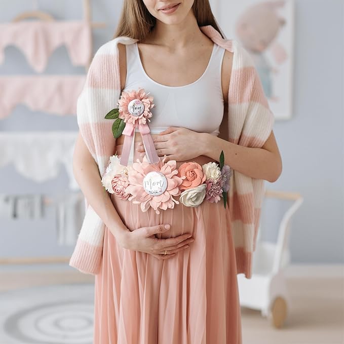 Baby Shower Maternity Sash Belly Belt-Pink Flower Sash Set Mom to Be & Dad to Be Corsage Pins for Gender Reveal