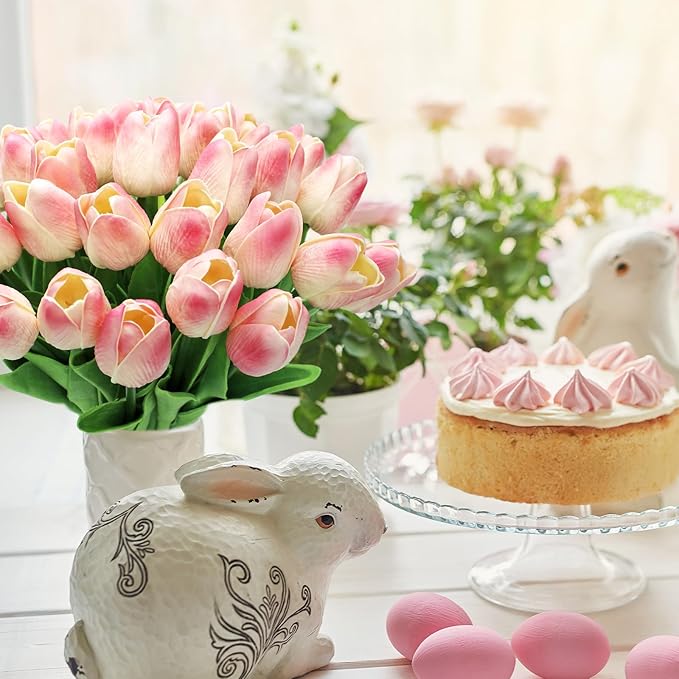 28pcs Pink Flowers Artificial Tulip Stems Real Feel PU Tulips for Easter Spring Wreath Wedding Bouquet Centerpiece Floral Arrangement Cemetery Table Décor 13" Tall