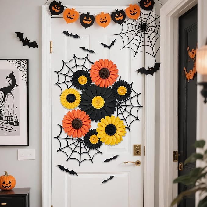 Paper Flowers Decorations for Wall, Black and Orange Party Decorations 3D Large Artificial Flower Hanging Paper Fans Fall Bulletin Board Decoration for Classroom Autumn Thanksgiving Window Fall Decal