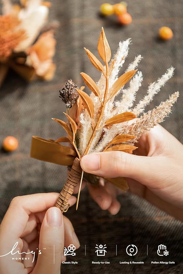 Ling's moment Boutonniere for Men, 6pcs Groom Groomsmen Boutonniere, Artificial Flowers for Wedding Decor/Prom/Homecoming, etc.Rust Boho Terracotta