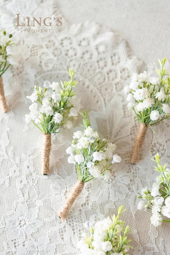 Ling's Moment Boutonniere for Men, 10pcs Groomsmen Guest Boutonniere, Artificial Flowers for Wedding Décor/Prom/Homecoming,etc.Baby Breath White