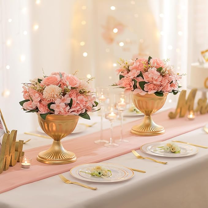 Sziqiqi Gold Metal Urn Vases: 8.6in 2 Pcs Flower Weddings Centerpieces Arrangements for Flower Compote Vase for Wedding Decorations Table Pedestal Vase Bowl for Party