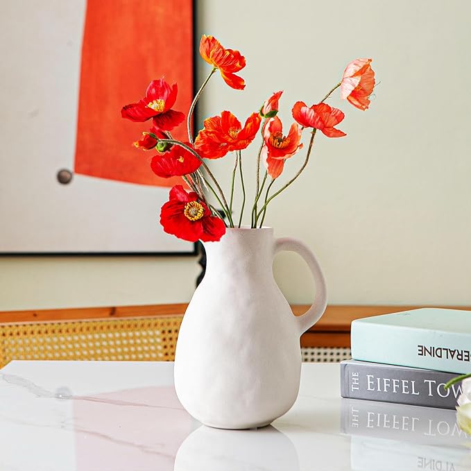 Off White Ceramic Vase with Handle, Pitcher Vases for Modern Farmhouse Home Decor, Small Pottery Flower Jug for Living Room Bedroom Kitchen Office Shelf Decor Centerpiece Table Decoration