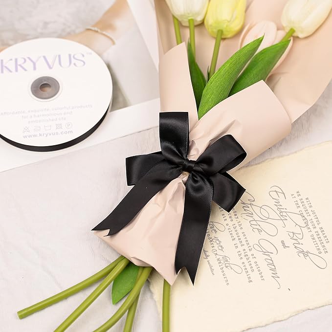 Double Faced Black Satin Ribbon, 1 Inch X 50 Yards Polyester Ribbon for Gift Package Wrapping, Crafts, Bow Making, Sewing, Flower Bouquet, Wedding Party Decor
