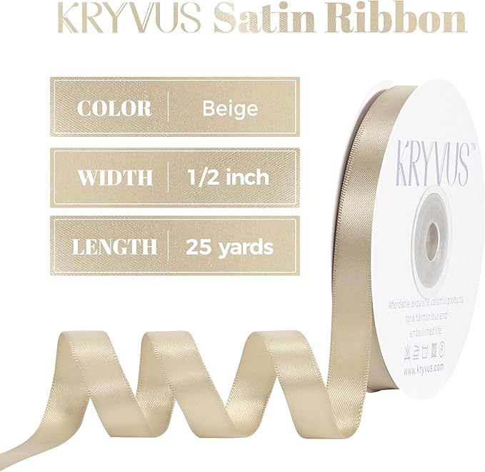 Beige Satin Ribbon, Double Faced 1/2 Inch X 25 Yards Beige Ribbon, Premium Satin Ribbon for Gift Wrapping, Crafts, Hair Bow Making, Sewing, Flower Bouquet, Wedding Party Decor