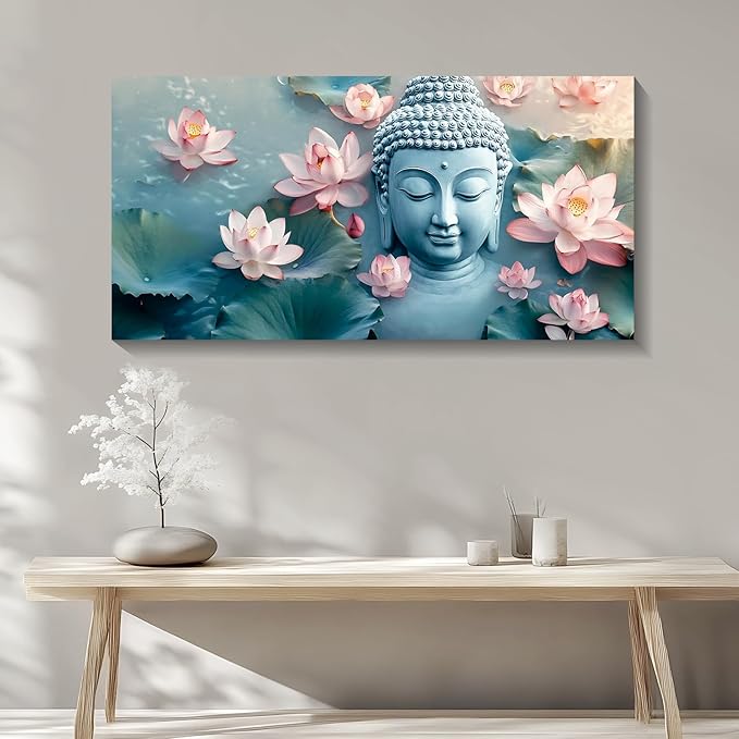 Iallbin Buddha Wall Art & Zen Wall Decor, White Lotus on Water Canvas Painting - for Yoga Meditation Room, Spa & Bathroom, Blue Art Deco Style, 48x24 Inches