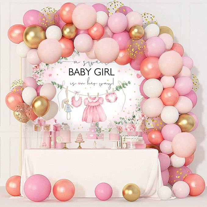 Mocsicka Pink Floral Baby Shower Backdrop for Girls - Blush Pink Girls Dress Background - It's a Girl Sweet Baby Girl Shower Decorations Banner Photo Booth Props (7x5ft)