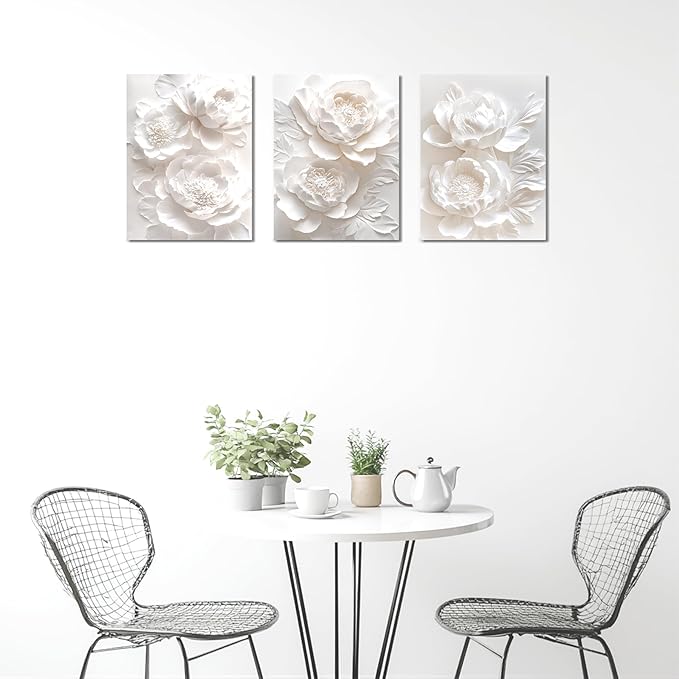 Sepwrol White Flower Canvas Wall Art Modern Abstract Rose Blooming Floral Textured Printing Artwork for Home Bedroom Living Room Wall Decor, 12"x16" 3 Panel (White-2)