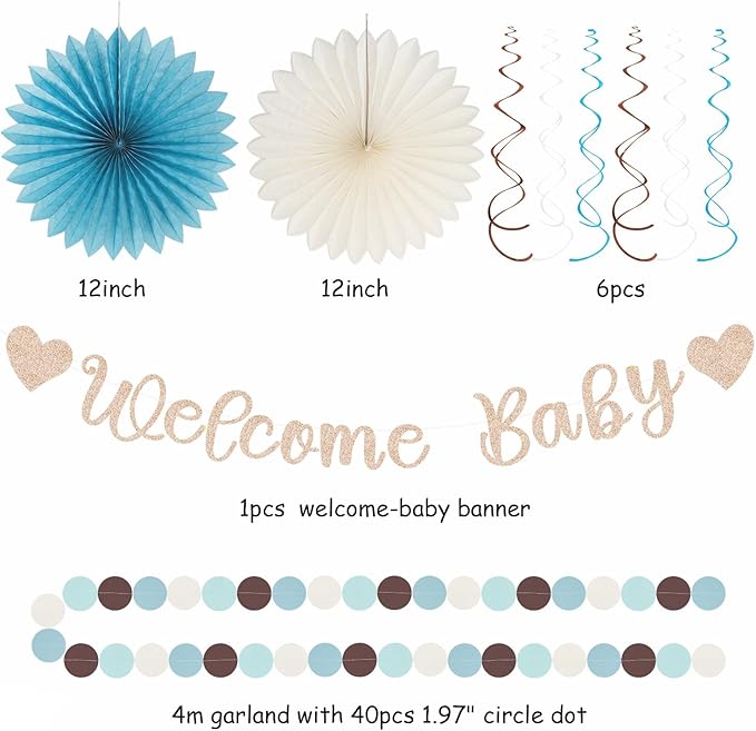 Dusty-Light Blue-Brown Baby Shower Party-Decorations - 22pcs Boys Welcome Baby Banner, White Paper Lanterns Streamers, Coffee Tissue Pom Poms Flowers Fans Decor Hugmoon