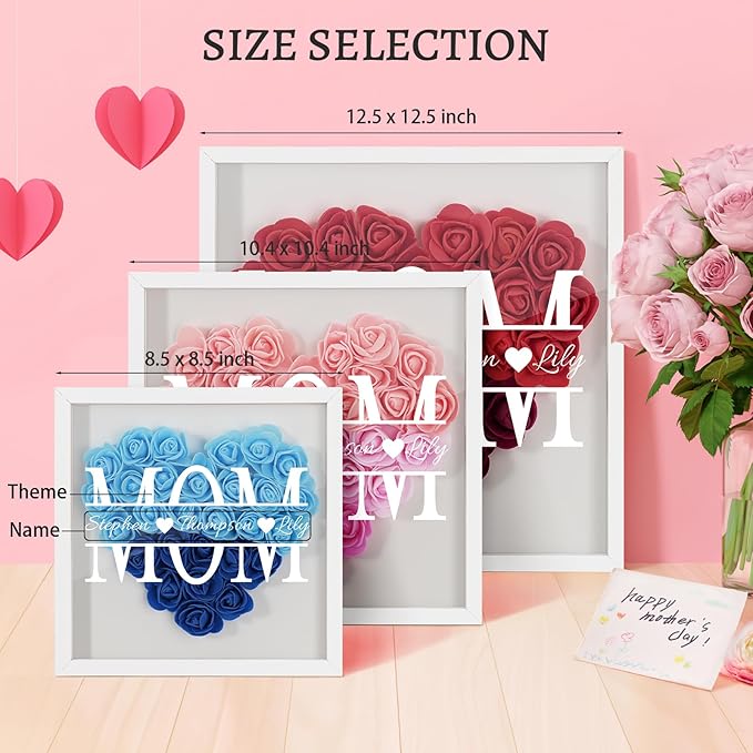 Mom We Love You - Personalized Flower Shadow Box with Names, Christmas Mothers Day Flower Box Gifts for Mom (Style 3-Box with Led)