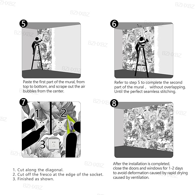 Grey Peony Floral Wallpaper Bedroom Black and White Botanical Flowers Leaf murals Aesthetic Room Decor Living Room tv Background Large Wall Mural - 160"x108" Not Peel and Stick