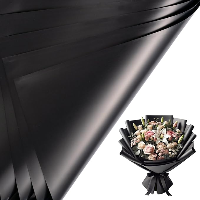 LeZakaa 20 Sheets Flower Wrapping Paper - Waterproof Reversible Floral Bouquet Paper - Black Design for Father's Day, Graduations, Parties, Birthdays, Formal Events
