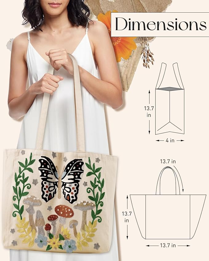 Aesthetic Embroidery Tote Bag for Women - Reusable Canvas Cute Shoulder Bag for Shopping, Grocery, Work, Book