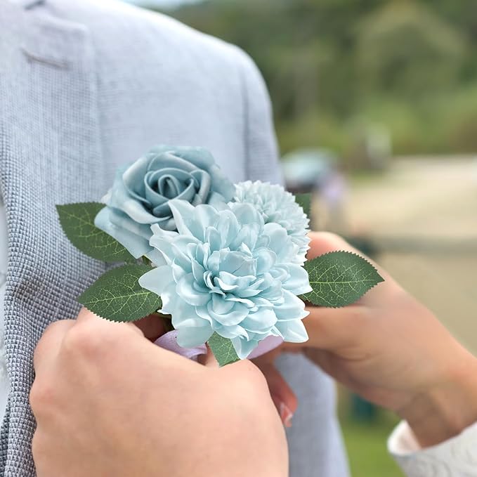 Artificial Flowers Combo Box Set Gradient Color Flower Leaf with Stems for DIY Wedding Bouquets Centerpieces Baby Shower Party Home Decorations(Dusty Blue)