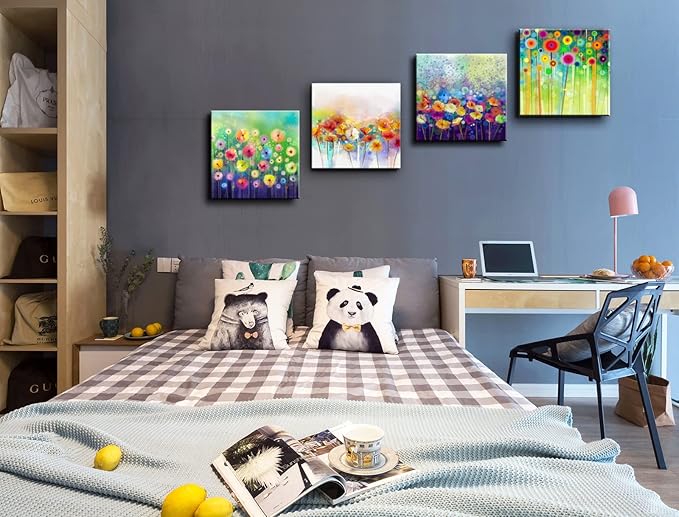 Colorful Flowers Canvas Wall Art, Floral Artwork Painting Prints ModernBathroom Pictures Framed for Living Room Bedroom Office Home Decor - 16"x16"x4 panel