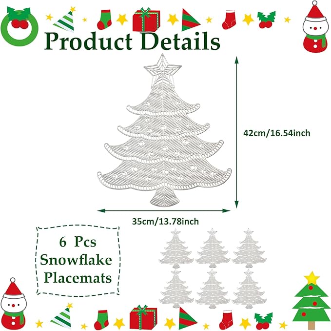 Lot of 6 Christmas Placemats, Placemats Decorations Table Mats Hollow Out Vinyl Place Mats for Dining Table Setting Kitchen Table Mats Christmas Decoration (Silver Christmas Tree)