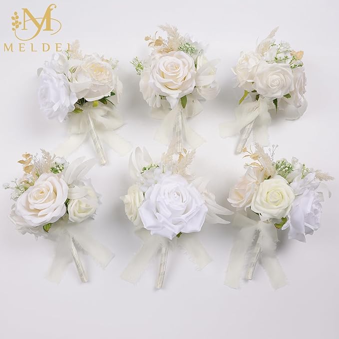 Meldel Set of 6 Wedding Flowers Fake Rose Mini Bridesmaid Bride Bouquets Ivory White Small Floral Wedding Centerpieces Decor Artificial Flower Arrangements for Tables Home Party Decorations