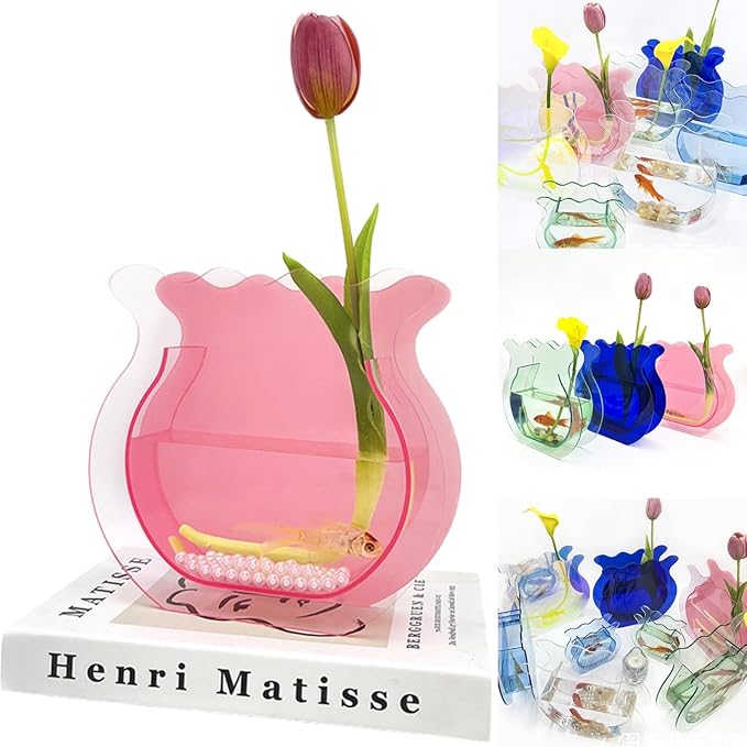 Mini Acrylic Fish Bowl Flower Vase for Small Fish or Plant, Frosted Pink Dual-Use Acrylic Decorative Vase for Desk or Bedroom, Modern Bud Design Compact Décor (Frosted Pink, Mini)