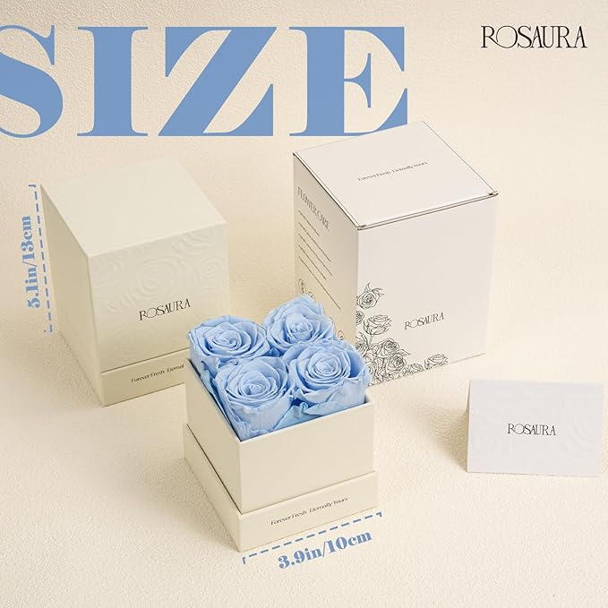 Rosaura 4-Piece Eternal Preserved Roses & Flowers Gift Box - Forever Lasting Real Roses, Preserved Flowers for Valentine's Day (Sky Blue)
