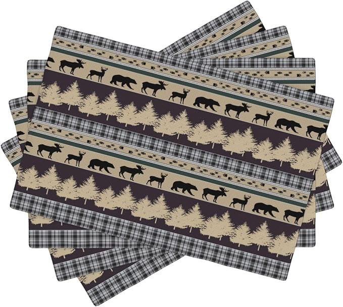 Rustic Deer Placemats Set of 4,Wild Bear Deer Paw Print Decor Kitchen Mats for Pattern Rustic Farmhouse Style Place Mats for Dining Table 12x18 Inch 4 PCS