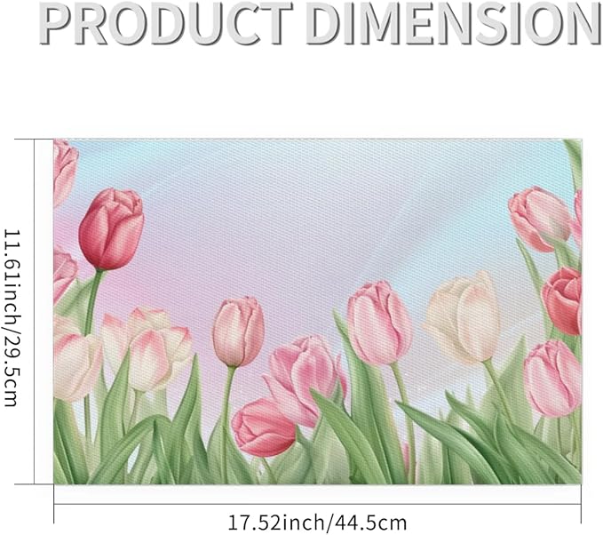 PVC Placemats Set of 6 Flower Tulip Pink Wipeable Table Mats Washable Heat Resistant Non Slip Vinyl Dining Table Mat for Kithen Indoor Outdoor Patio Farmhouse Place Mats Decorative