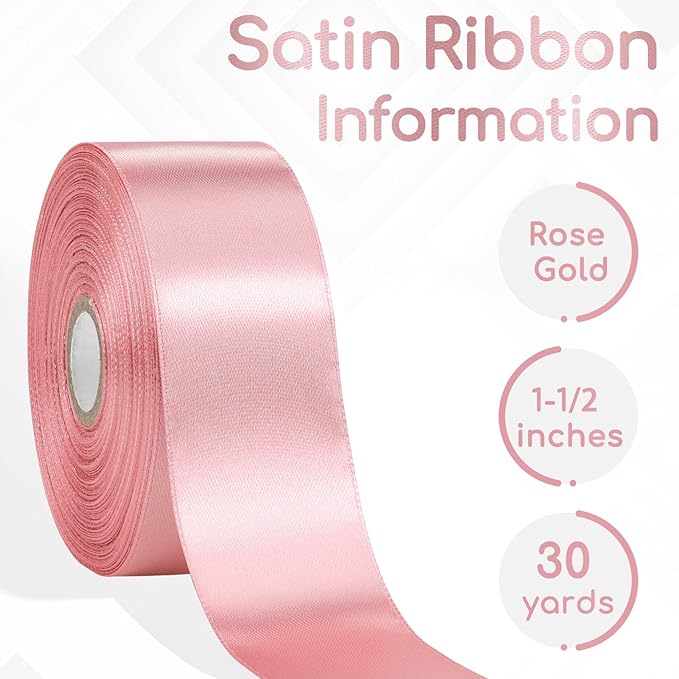 Rose Gold Satin Ribbon 1-1/2 Inch 30 Yards, Rose Gold Ribbon for Flower Bouquet, Gift Wrapping, Crafts, Birthday, Christmas, Wedding and Bow Making