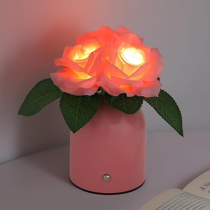 Pink Rose Lamp, Christmas Birthday Valentines Day Gifts for Women Wife Mom Girlfriend Daughter, Rechargeable Cordless Touch Table Lamp, Bedroom Bar Coffee Shop Decor Night Light