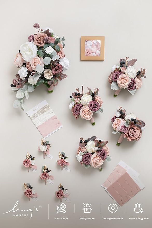 Ling's moment Wedding Artificial Flowers Package, Bridal Bouquet, Bridesmaid Bouquets, Boutonniere for Men, Rose Petals.Dusty Rose Muave