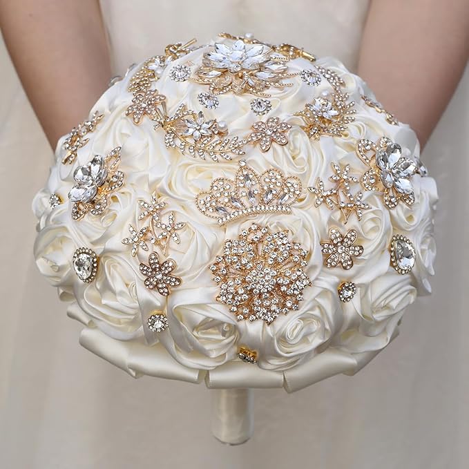 Handmade Satin Rose Floral Bling Pearl Decor Bridal Wedding Bouquet Rhinestone Pendant Artificial Brooch Flowers for Bride Bridesmaid Quinceanera