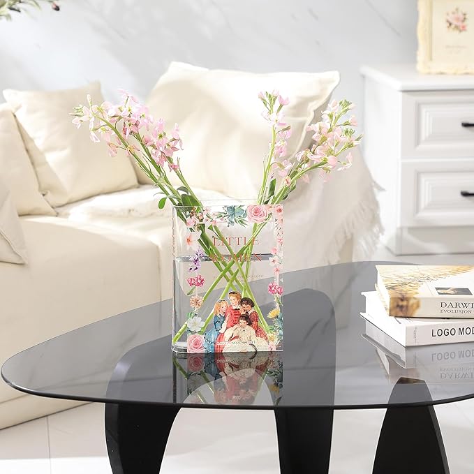 Book Vase, Acrylic Book Vase for Flowers, Book Flower Vase, Book Shaped Vases, Clear Book Vases, Small Vase for Bedroom, Living Room, Bookshelf, Office, Dining Table(Women)