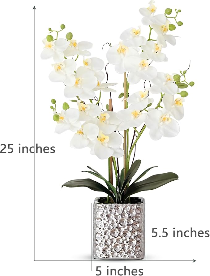 SJC Orchid Artificial Flowers with Sliver Vase Large Silk Faux Phalaenopsis Flowers for Dining Room Table Floral Centerpieces Indoor Decoration,White