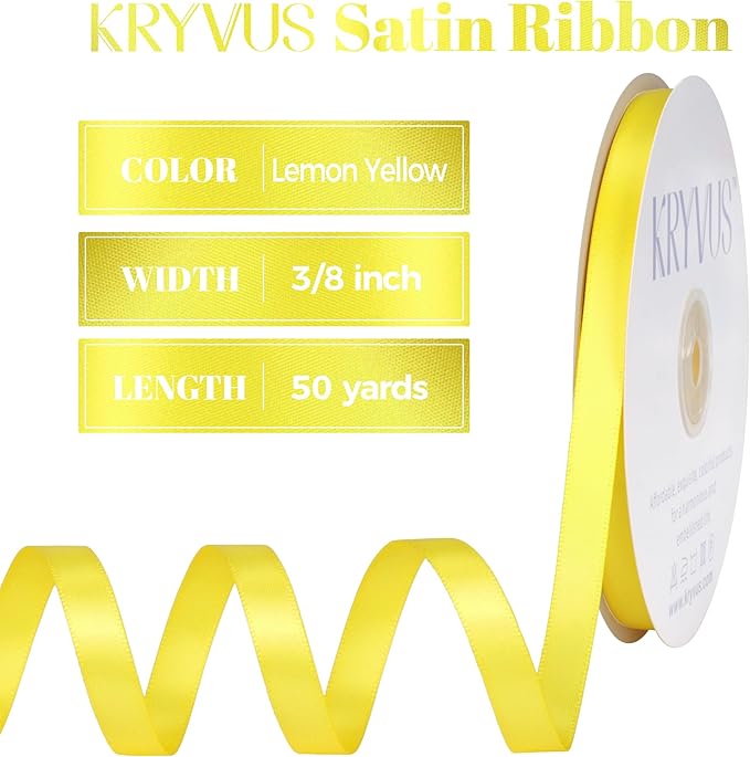 Lemon Yellow Satin Ribbon, Double Faced 3/8 Inch X 50 Yards, Premium Polyester Satin Ribbon for Gift Wrapping, Crafts, Wedding Party Decor