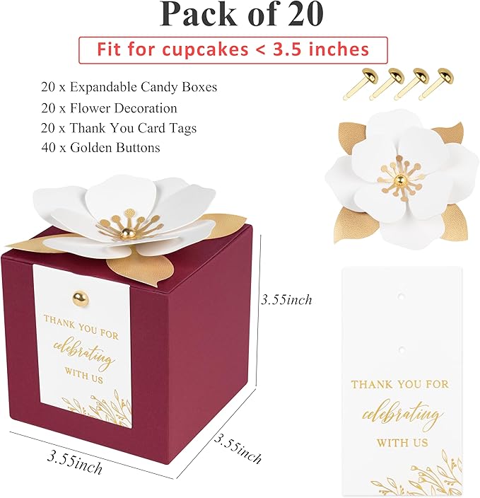 FEIYI 20 PCS Burgundy Gift Boxes, 3 In 1 Favor Boxes with Floral Decor, White Thank You Tags Gift wrapping for Wedding, Christmas, Baby Shower, Birthday, Decorations Party - 3.55x3.55x3.55