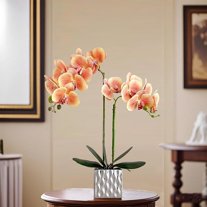Artificial Orchids Silver Vases Orchids Artificial Flowers Orange Orchid Height 20 inches