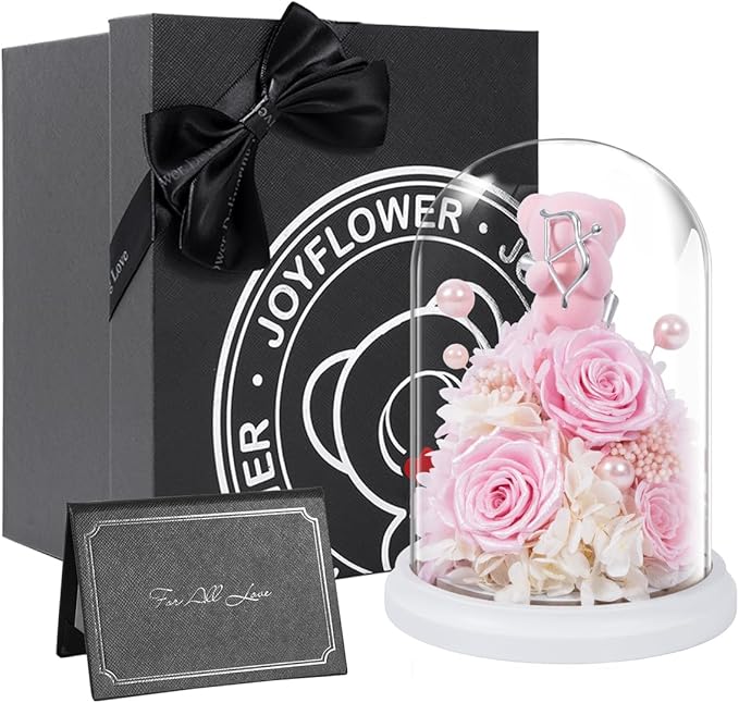 JoyFlower Preserved Flowers with Teddy Bear, Unique Pearl Roses Birthday Gifts for Women, Eternal Flower Rose Bear with Gift Box for Mom Girlfriend Wife on Valentine's, Mother's Day, Anniversary(Pink)