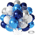 Blue White Silver Confetti Balloons, 50pcs 12 Inch Metallic Blue and Silver Balloons Clear White Confetti Latex Balloons for Birthday Wedding Anniversary Gender Revea Bridal Shower Party Decorations